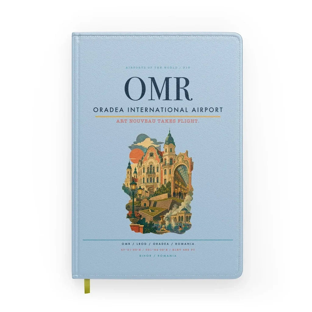 Oradea International Airport (OMR) design on light blue notebook