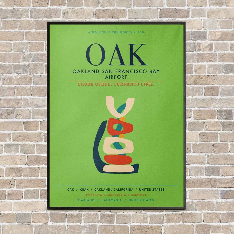 Oakland San Francisco Bay Airport OAK vertical canvas print - framed - light green background