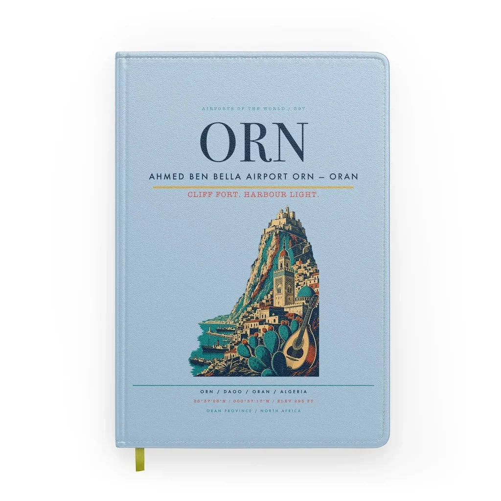 Ahmed Ben Bella Airport (ORN) design on light blue notebook