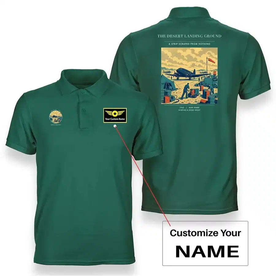 VINTAGE G4517 - The Desert Landing Ground - Double-Side Polo T-Shirt design on green+name