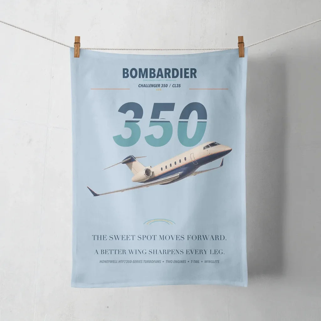 Bombardier Challenger 350 design on light blue towel