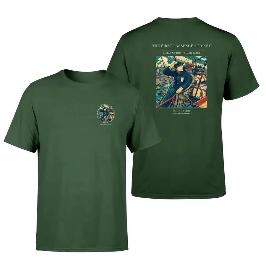 VINTAGE G4321 - The First Passenger Ticket - Double-Side T-Shirt design on darkgreen double side t shirt