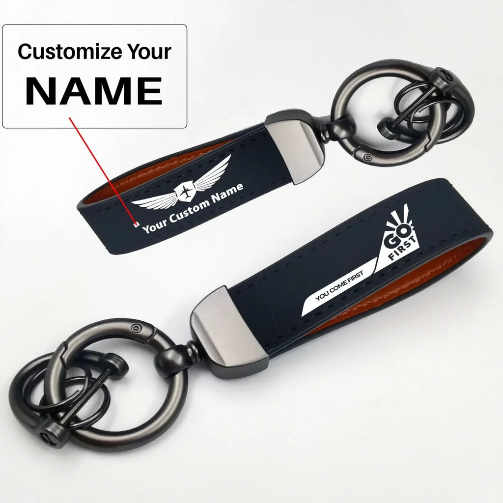 Go First Horseshoe Buckle key chain, Navy Blue + Name