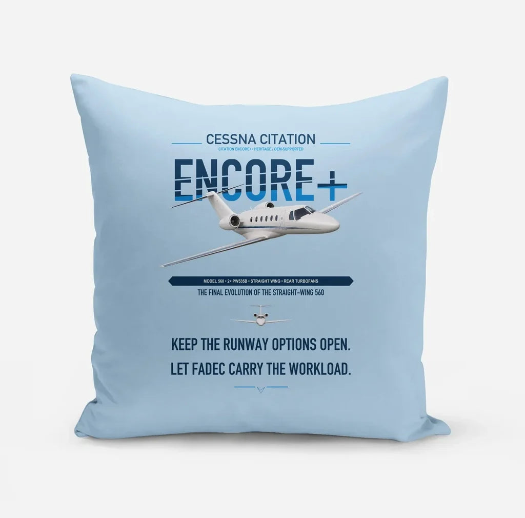 Cessna Citation Encore+ design on light blue pillow