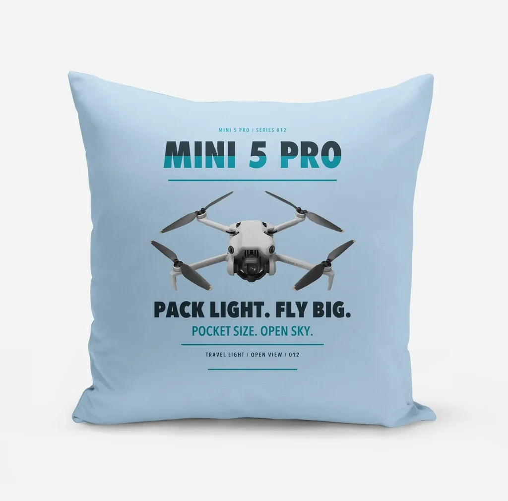 DJI Mini 5 Pro design on light blue pillow
