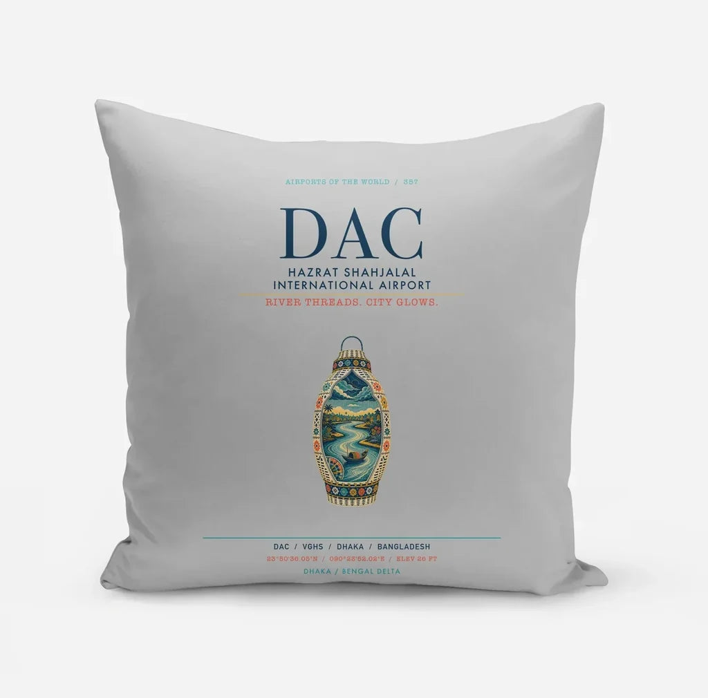 Hazrat Shahjalal International Airport Dhaka (DAC) design on light gray pillow