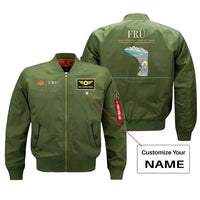 Thumbnail for Manas International Airport (FRU) design on green bomber jacket with custom name patch