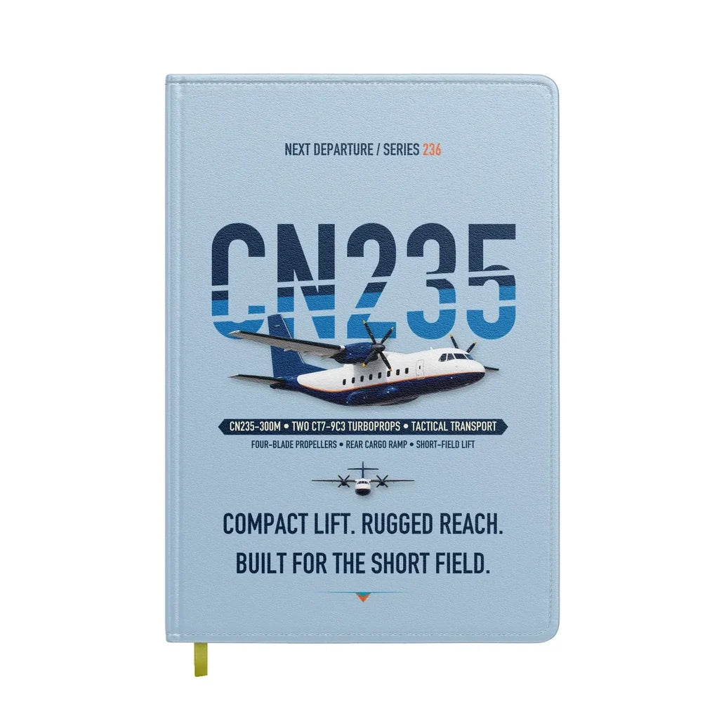 Airbus CN235-300M design on light blue notebook