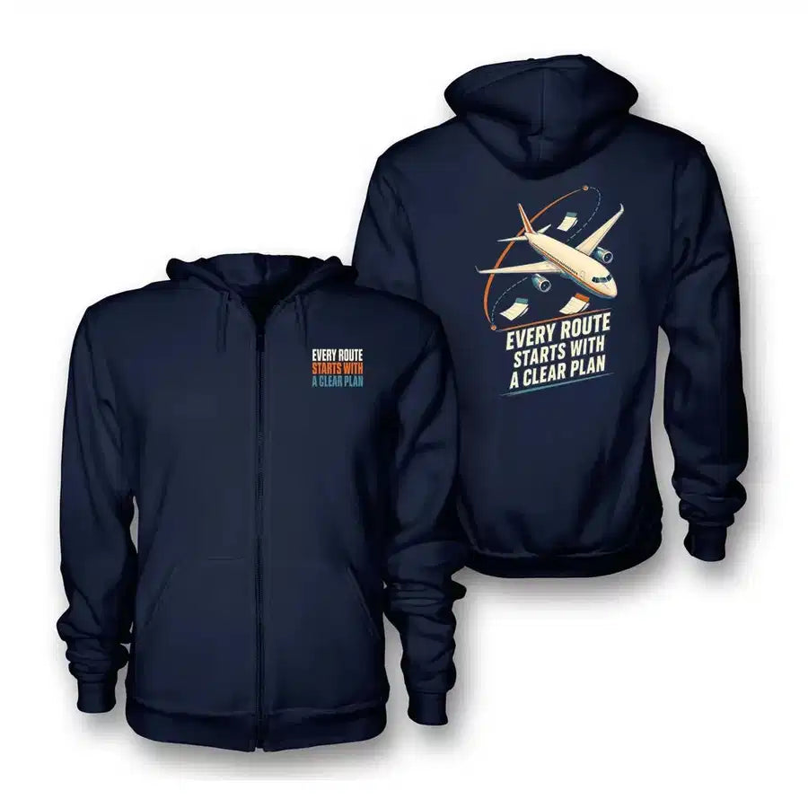 SIGNAL 573 - Every Route Starts With A Clear Plan - Zipped Hoodie design on navy blue zipped hoodie