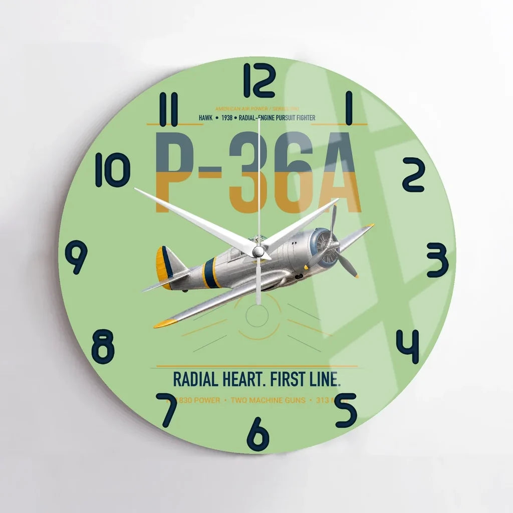 P-36A Hawk design on light green no frame wall clock