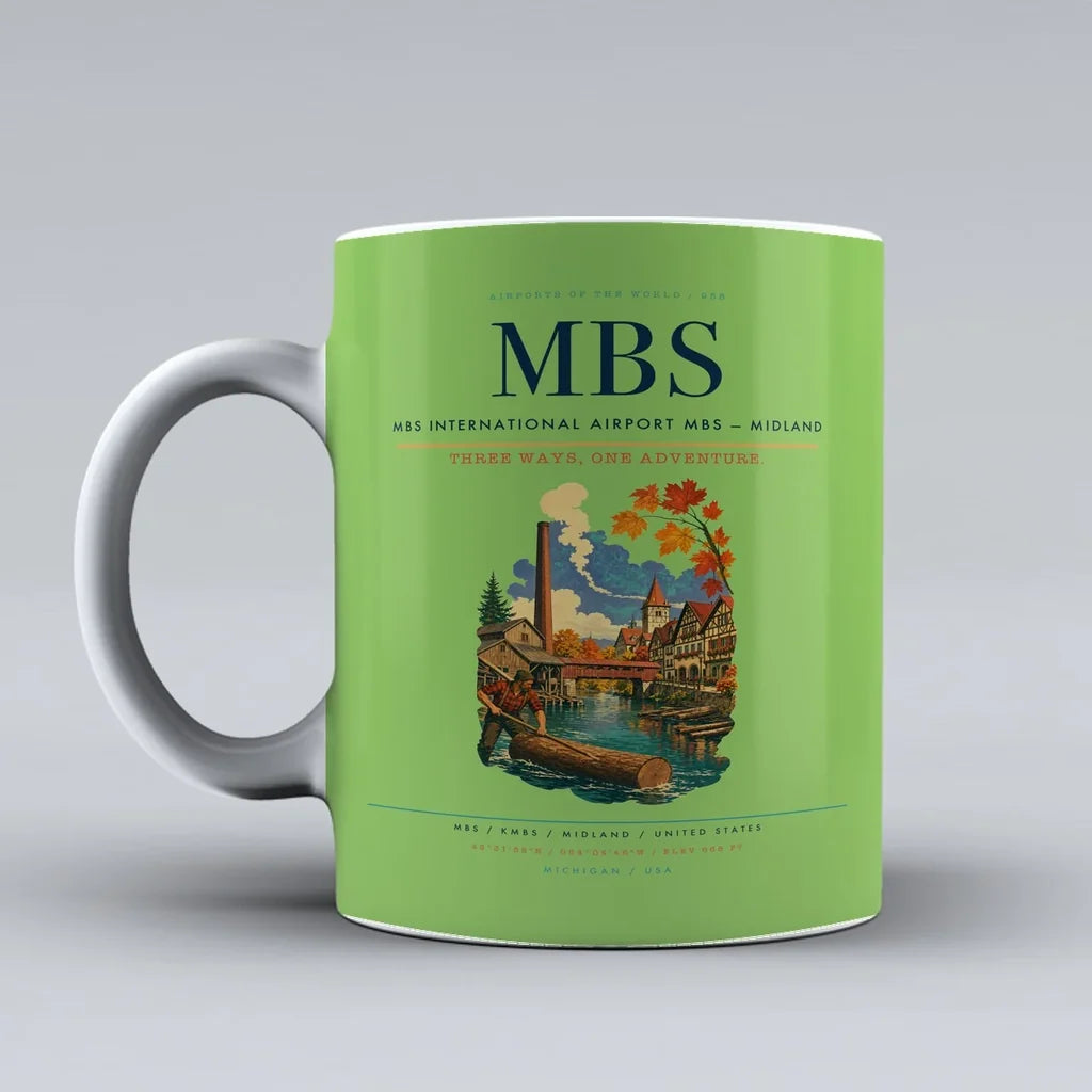 MBS International Airport (MBS) airport code design on light green ceramic mug