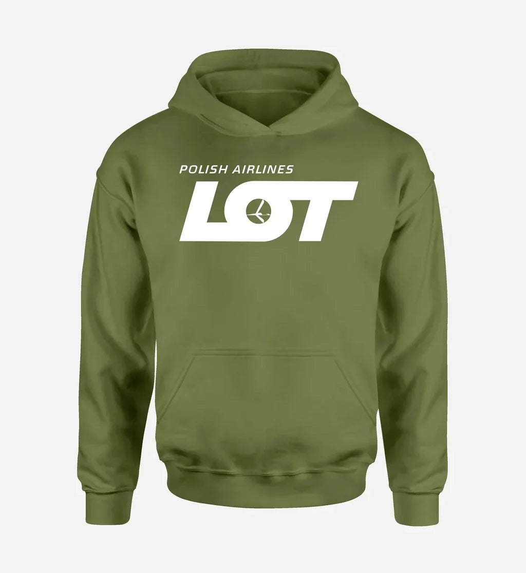 LOT Polish Airlines logo printed on green army hoodie