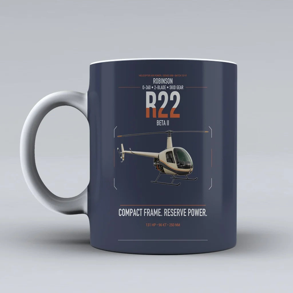 Robinson R22 Beta II design on dark blue ceramic mug, double-side print