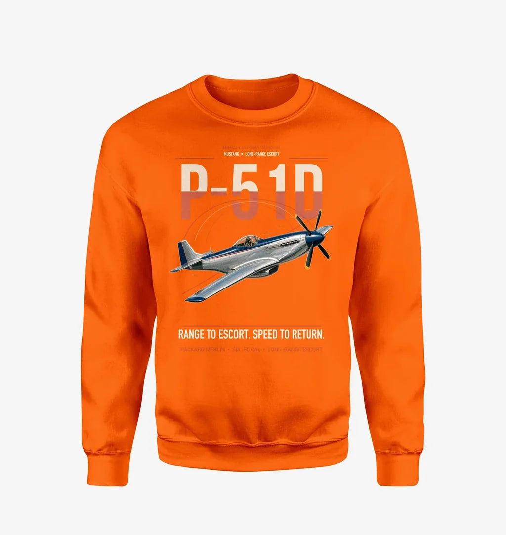 P-51D Mustang design on orange sweatshirt