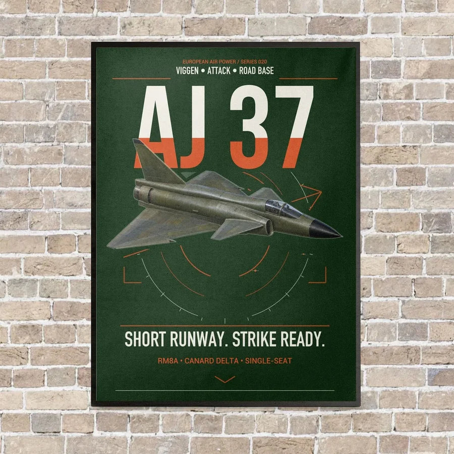 Saab AJ 37 Viggen vertical canvas print - framed - dark green background