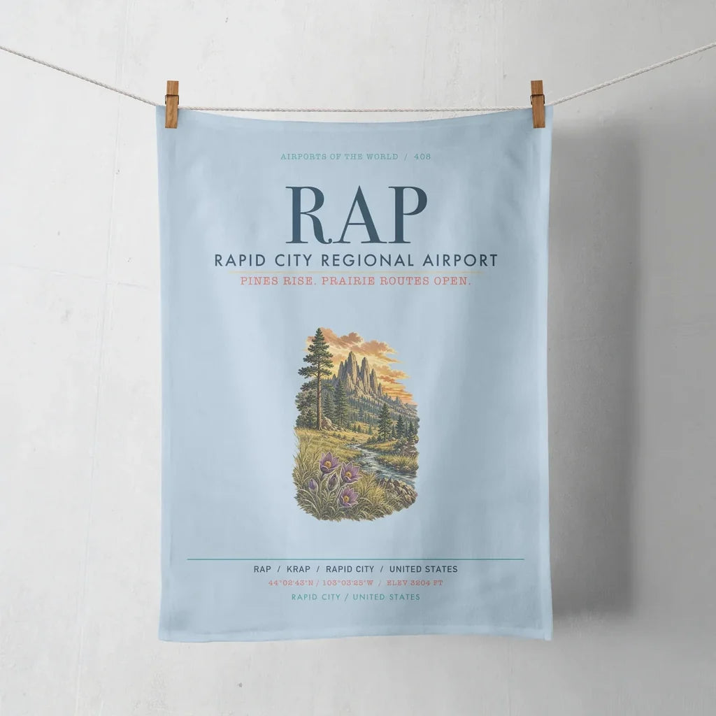 Rapid City Regional Airport (RAP) design on light blue towel