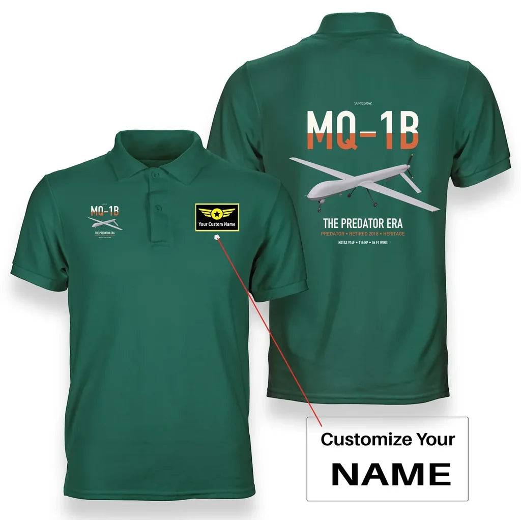 MQ-1B Predator design on green+name double-side polo t-shirt, double-side print