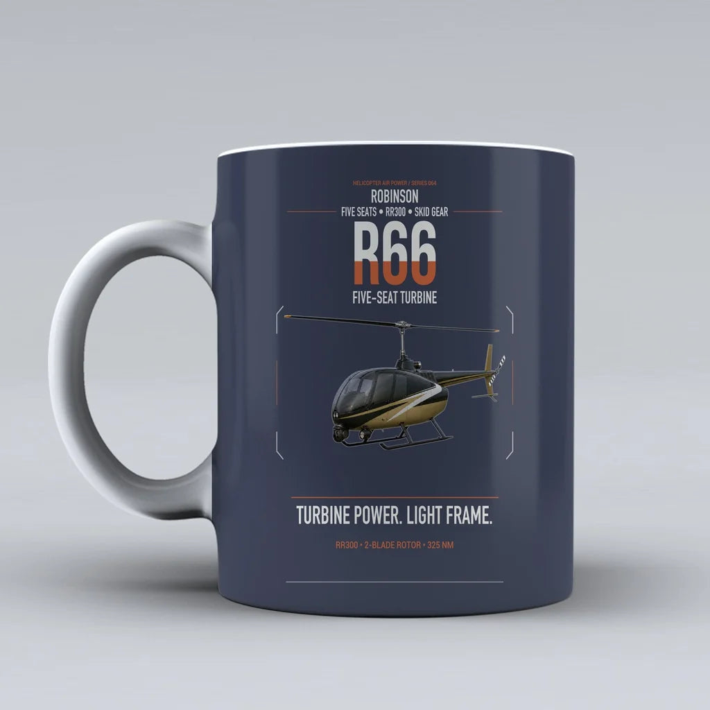 Robinson R66 design on dark blue ceramic mug, double-side print