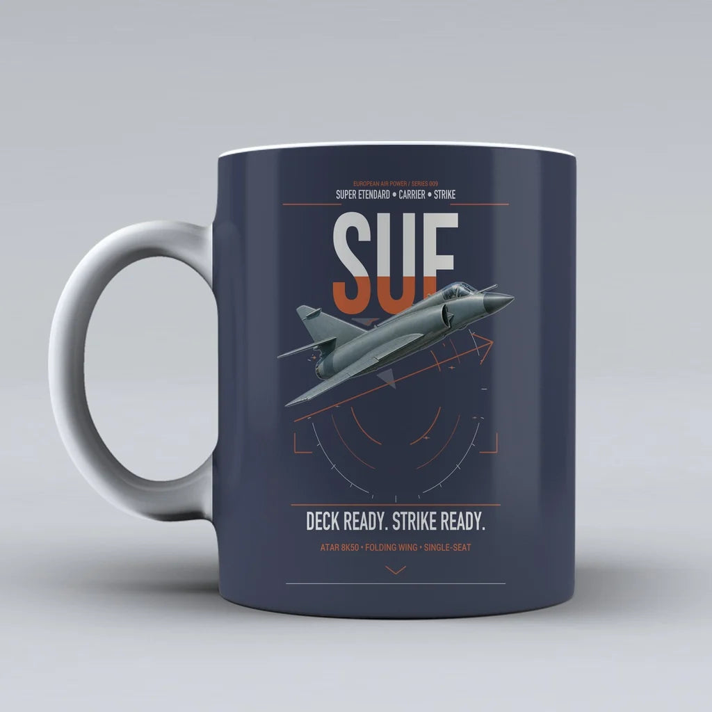 Dassault Super Étendard design on dark blue ceramic mug, double-side print