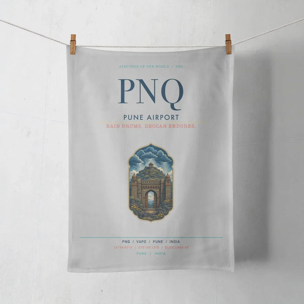 Pune Airport (PNQ) design on light gray towel