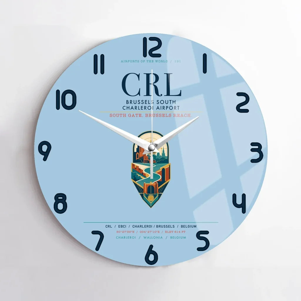 Brussels South Charleroi Airport (CRL) design on light blue no frame wall clock