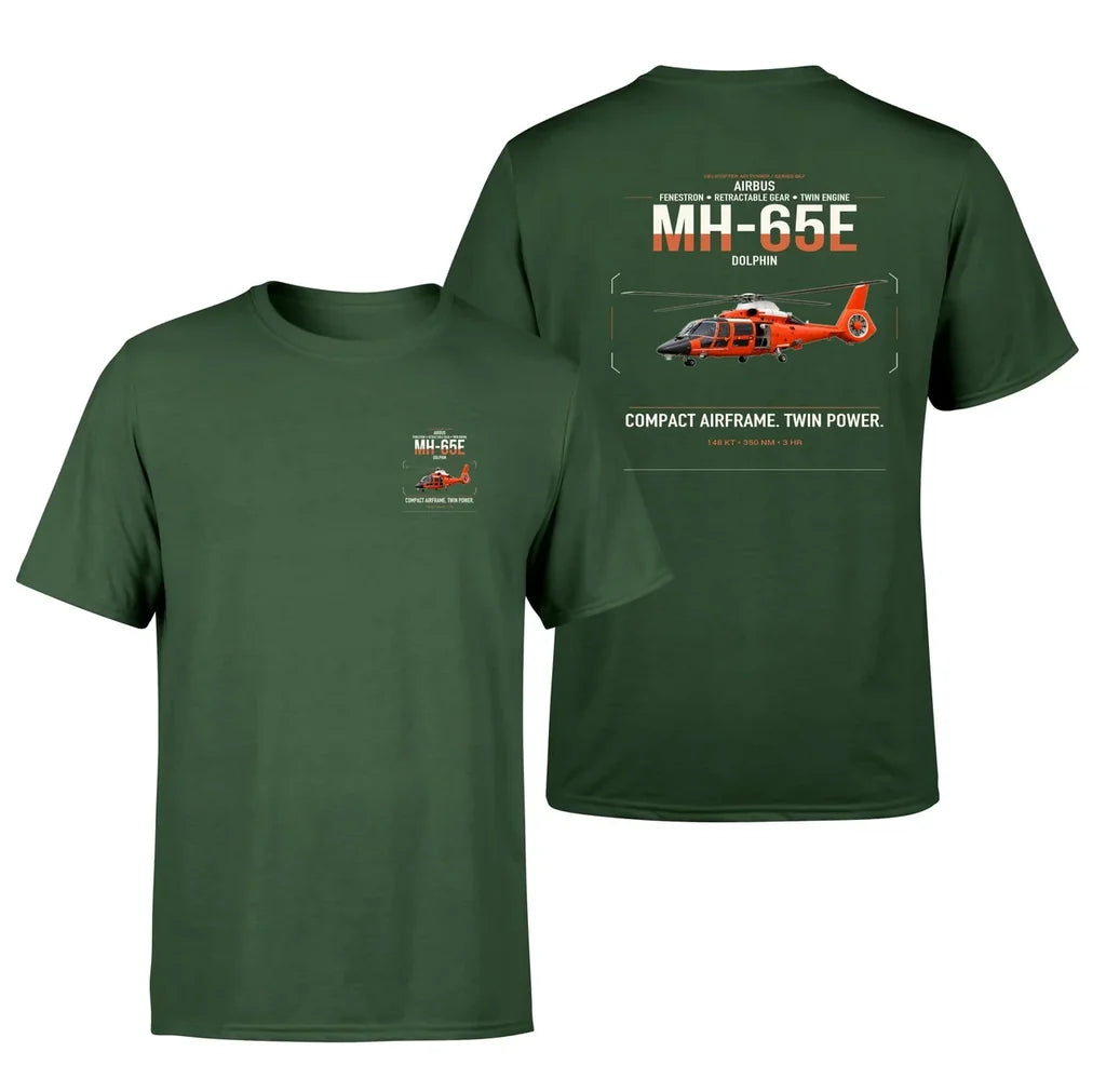 Airbus MH-65E Dolphin design on dark green t-shirt, double-side print