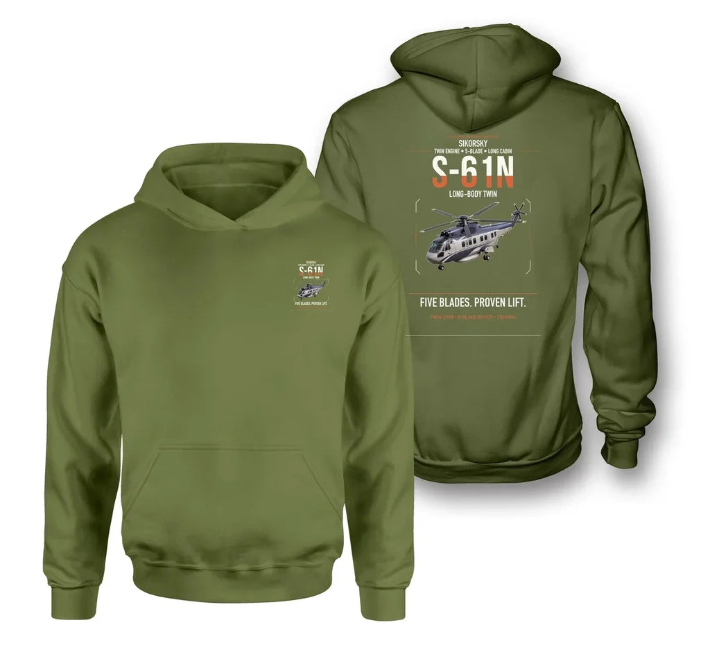 Sikorsky S-61N design on green army double-side hoodie, double-side print