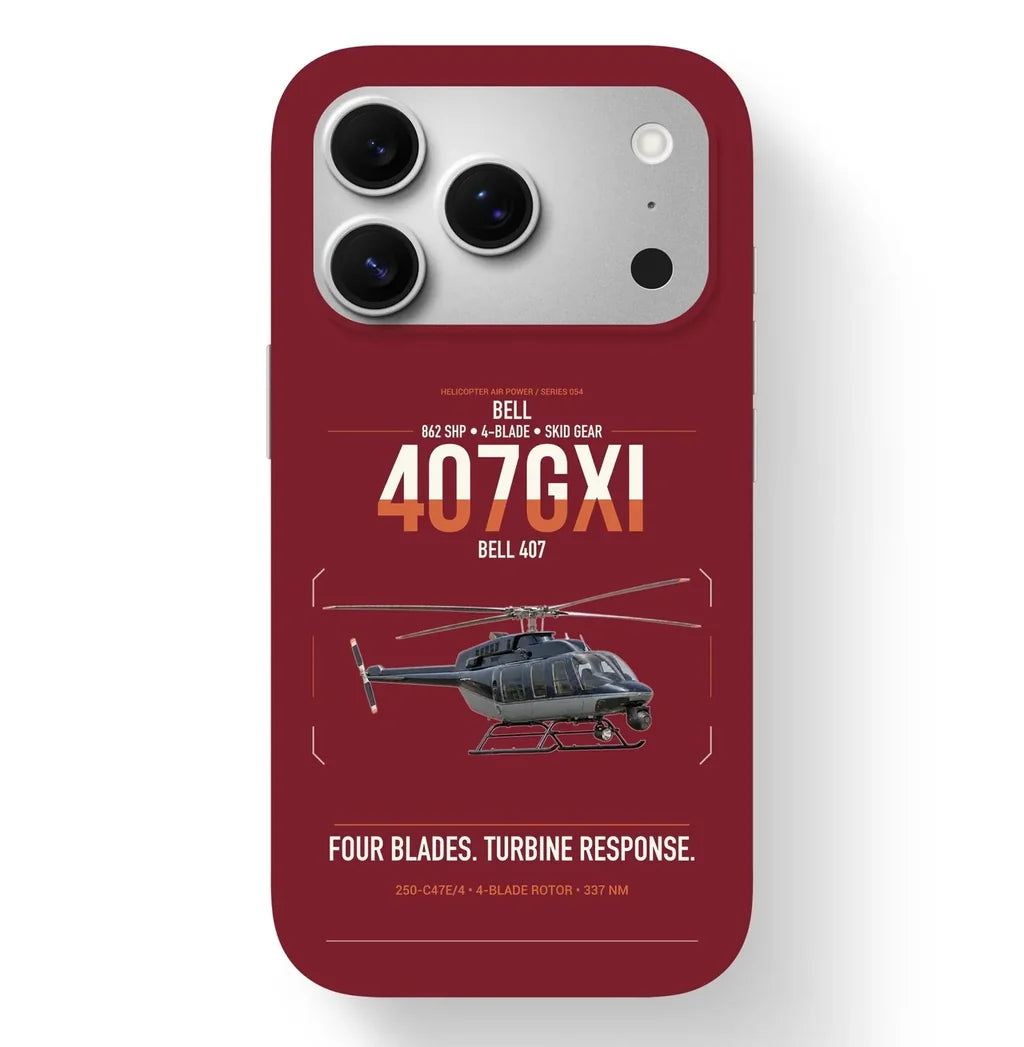 Bell 407GXi design on dark red magsafe iphone case, for iPhone 17 Pro