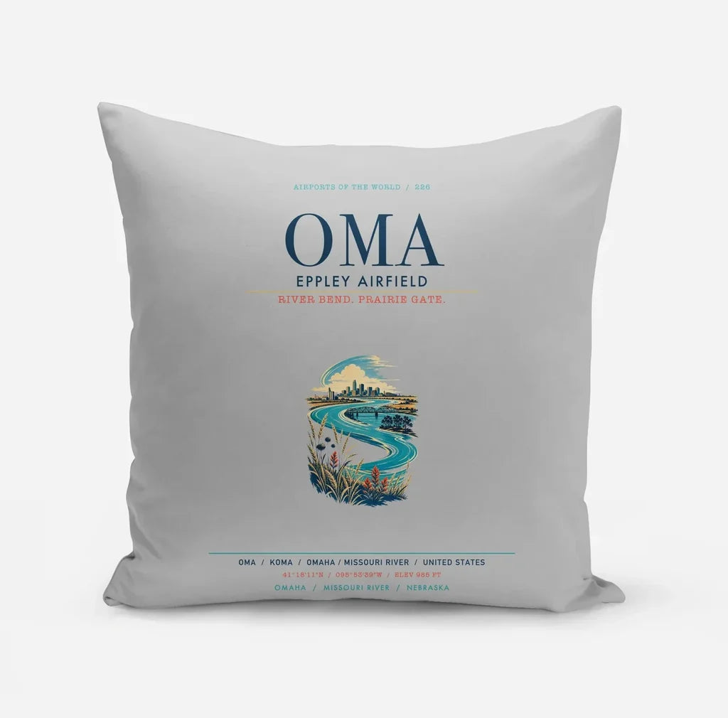 Omaha Eppley Airfield (OMA) design on light gray pillow