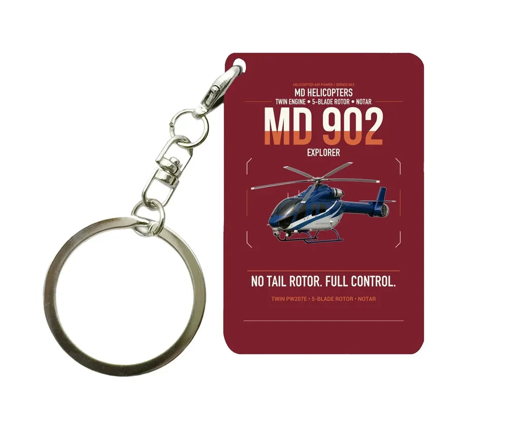 MD Helicopters MD 902 Explorer design on dark red designed key chain, double-side print