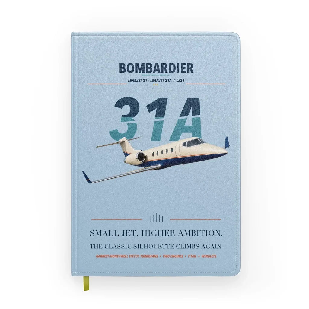 Bombardier Learjet 31A design on light blue notebook