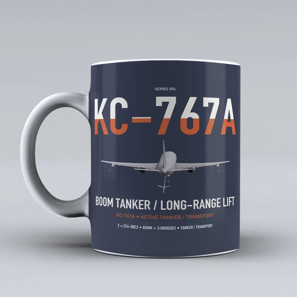 Boeing KC-767A design on dark blue ceramic mug, double-side print
