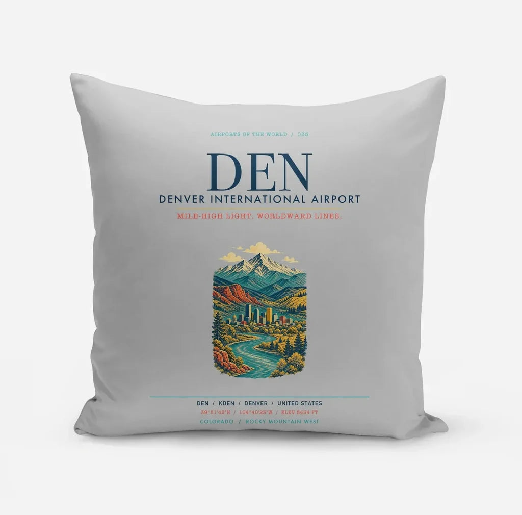 Denver International Airport (DEN) design on light gray pillow