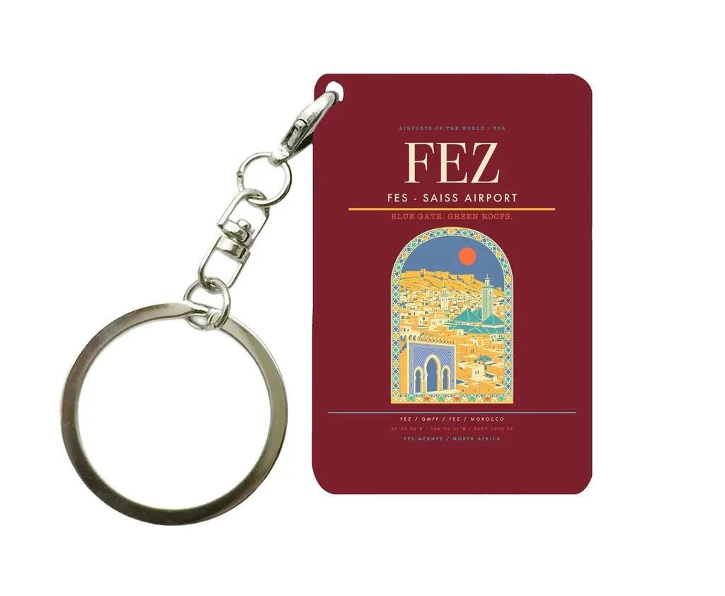 Fes - Saiss Airport FEZ Key Chain design on dark red key chain