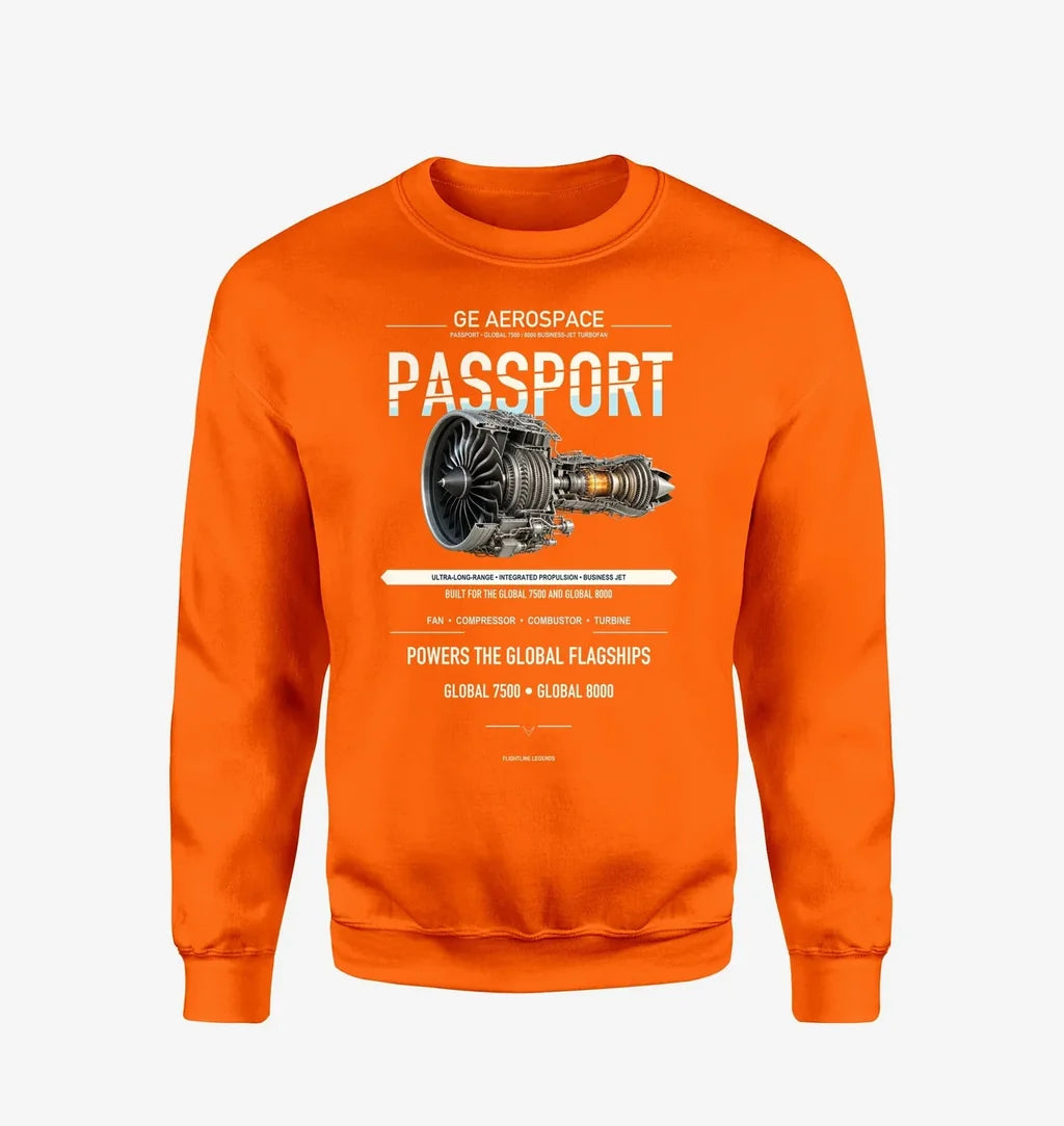 PASSPORT design on orange sweatshirt