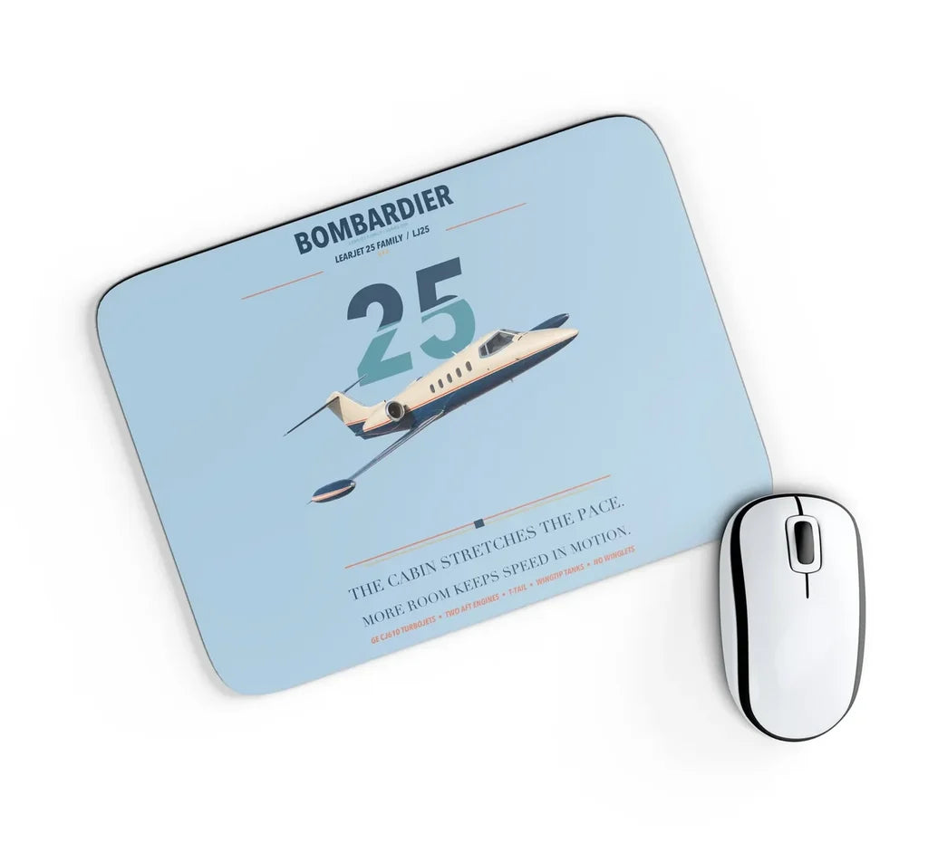 Bombardier Learjet 25 design on light blue rectangle mouse pad