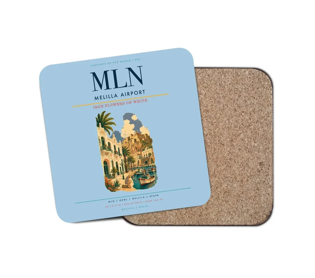Melilla Airport (MLN) design on light blue 1 piece coaster