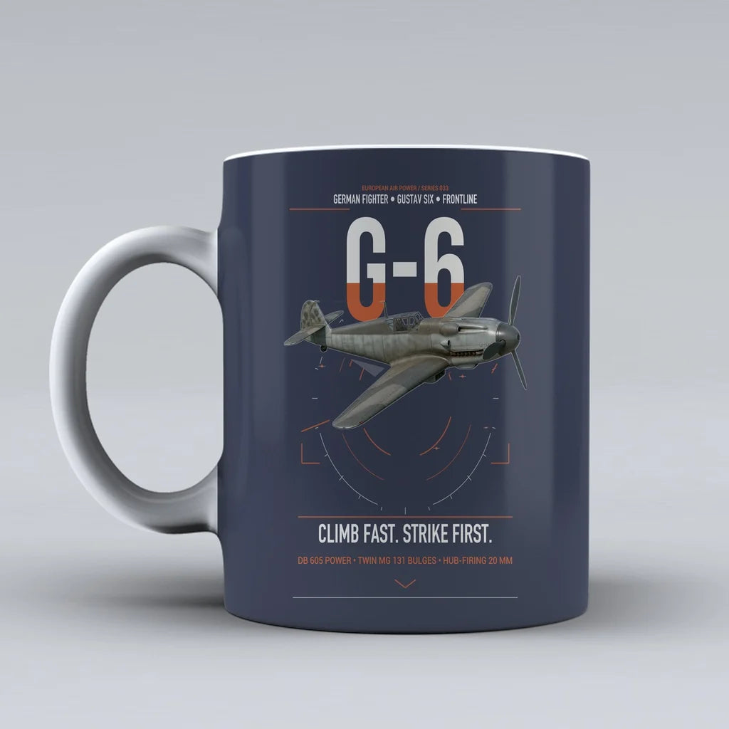 Messerschmitt Bf 109G-6 design on dark blue ceramic mug, double-side print