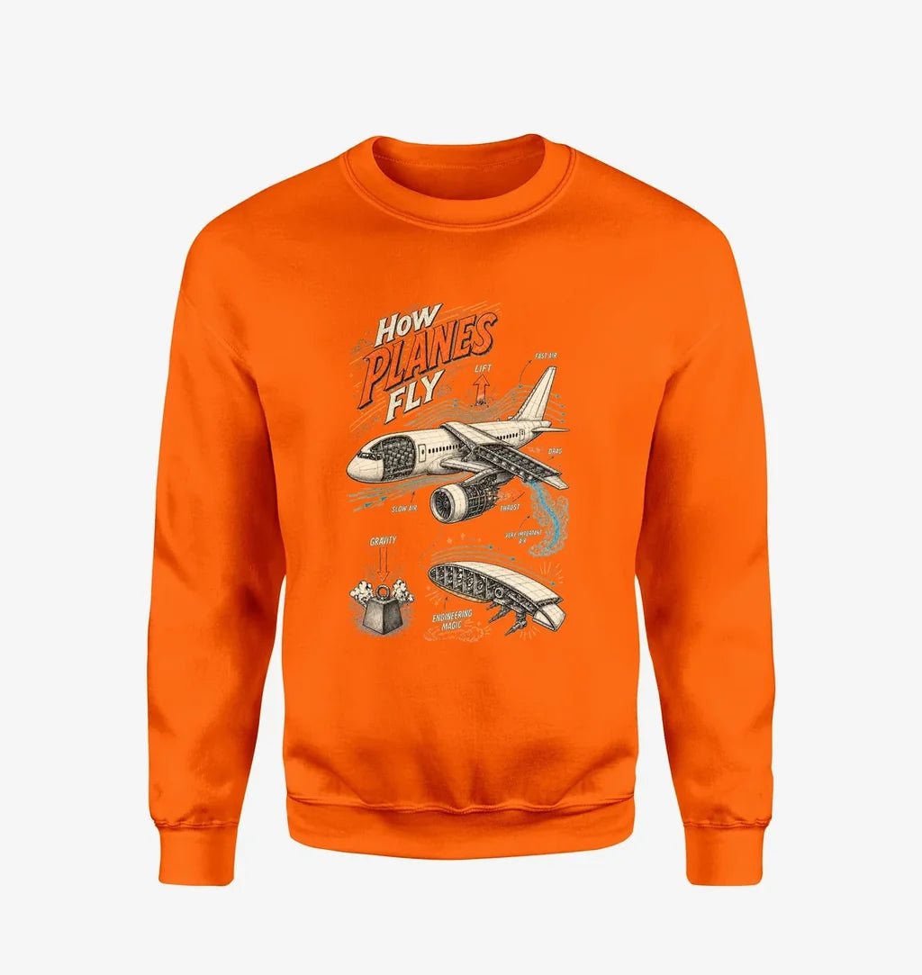 How Planes Fly V2 design on orange sweatshirt