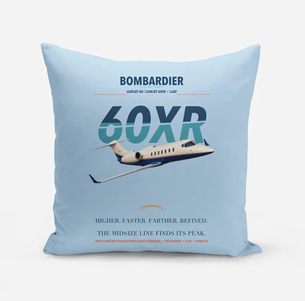 Bombardier Learjet 60XR design on light blue pillow