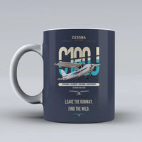 Thumbnail for Cessna 180J Skywagon design on dark blue ceramic mug, double-side print