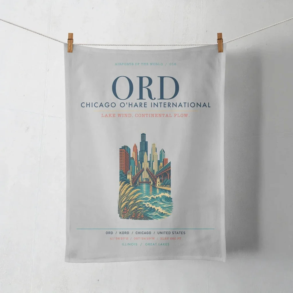 Chicago O'Hare International Airport (ORD) design on light gray towel