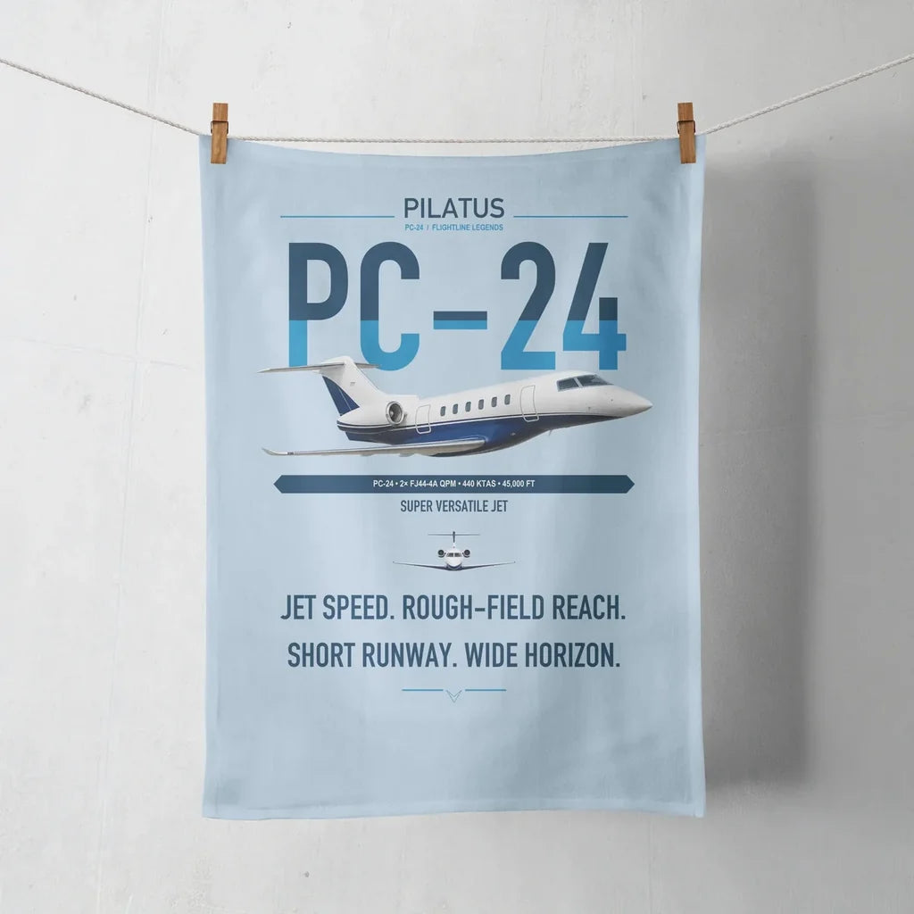Pilatus PC-24 design on light blue towel