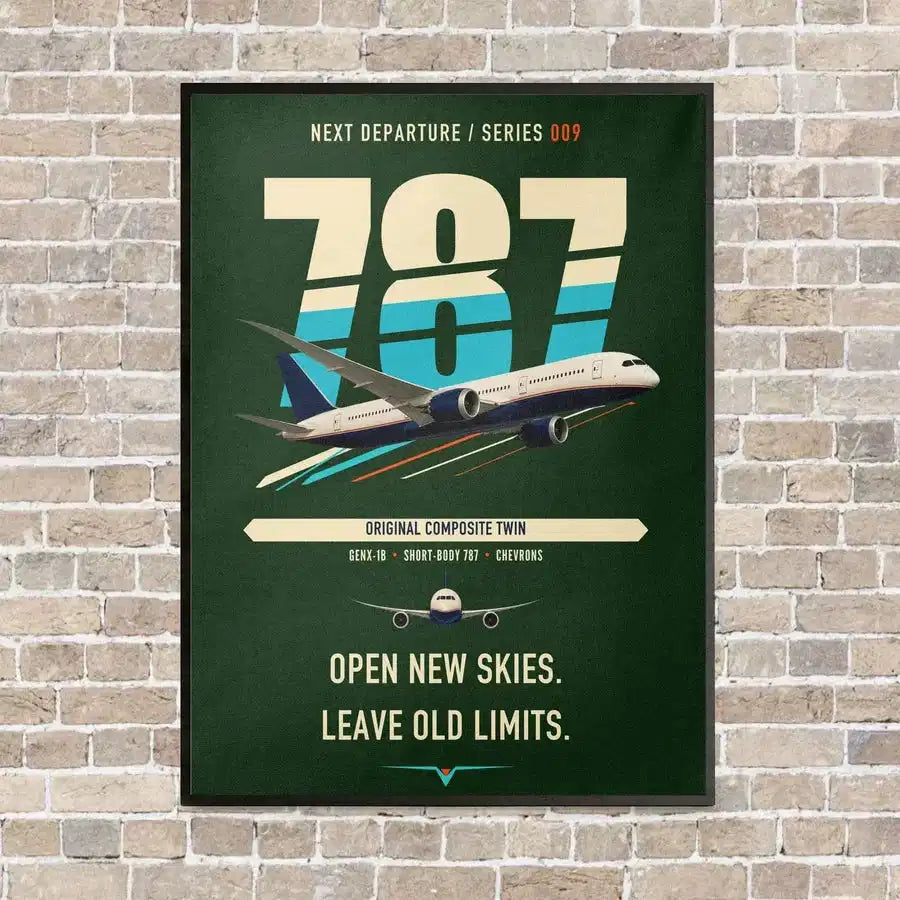Boeing 787-8 Dreamliner vertical canvas print - framed - dark green background