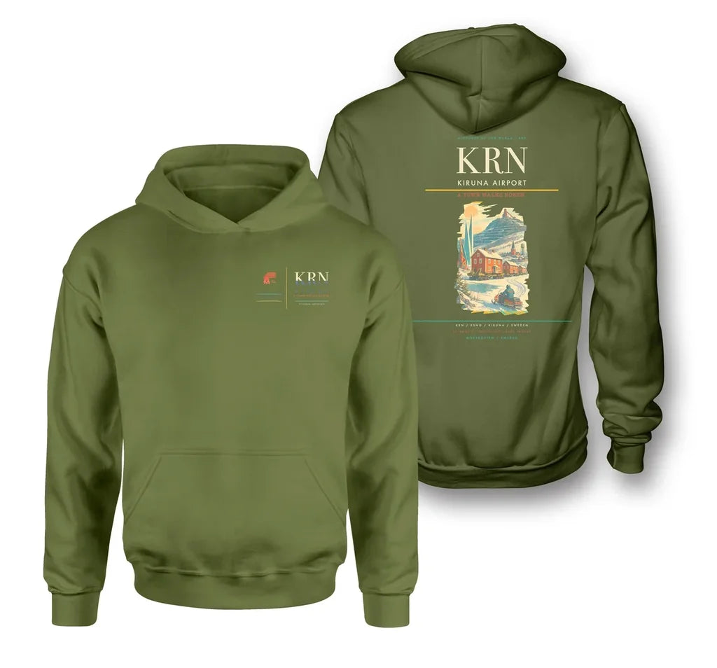 Kiruna Airport (KRN) design on green army double-side hoodie