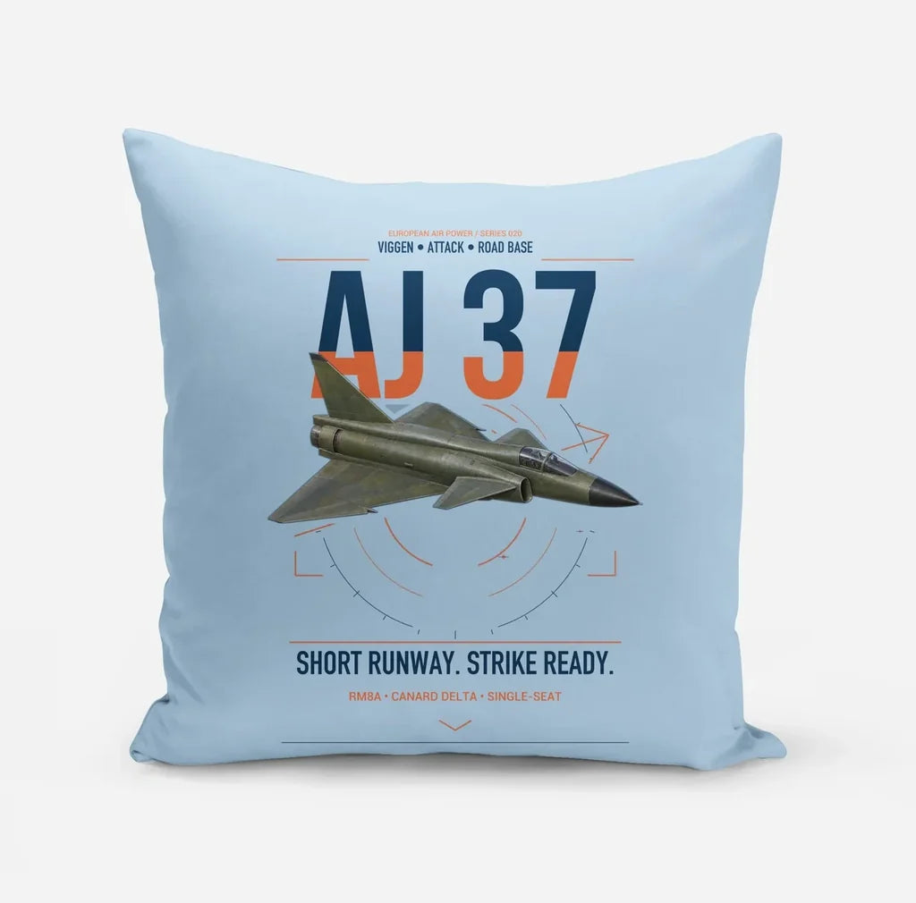 Saab AJ 37 Viggen design on light blue pillow