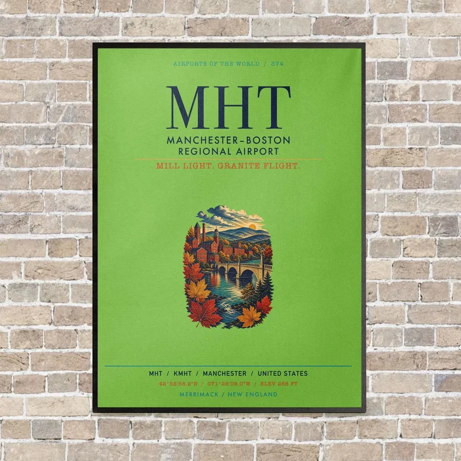 Manchester–Boston Regional Airport MHT vertical canvas print - framed - light green background