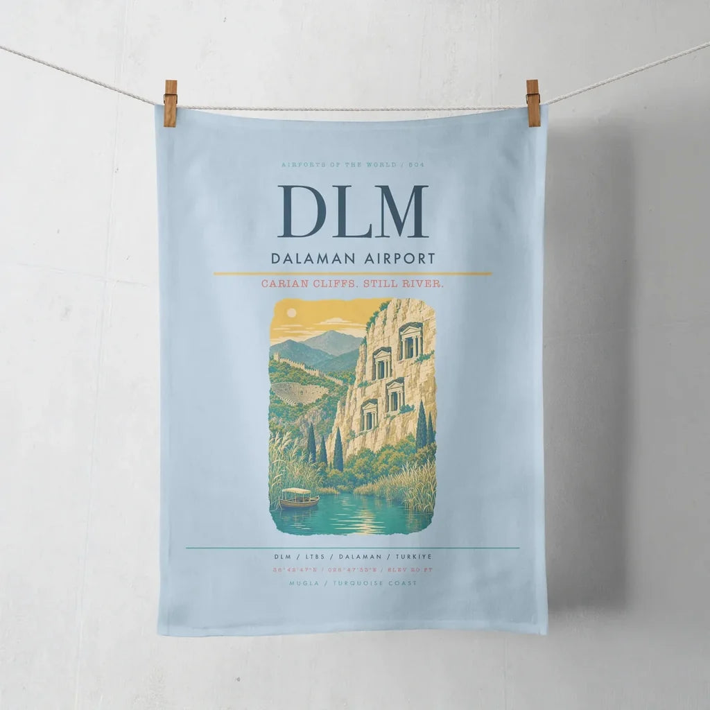 Dalaman Airport (DLM) design on light blue towel