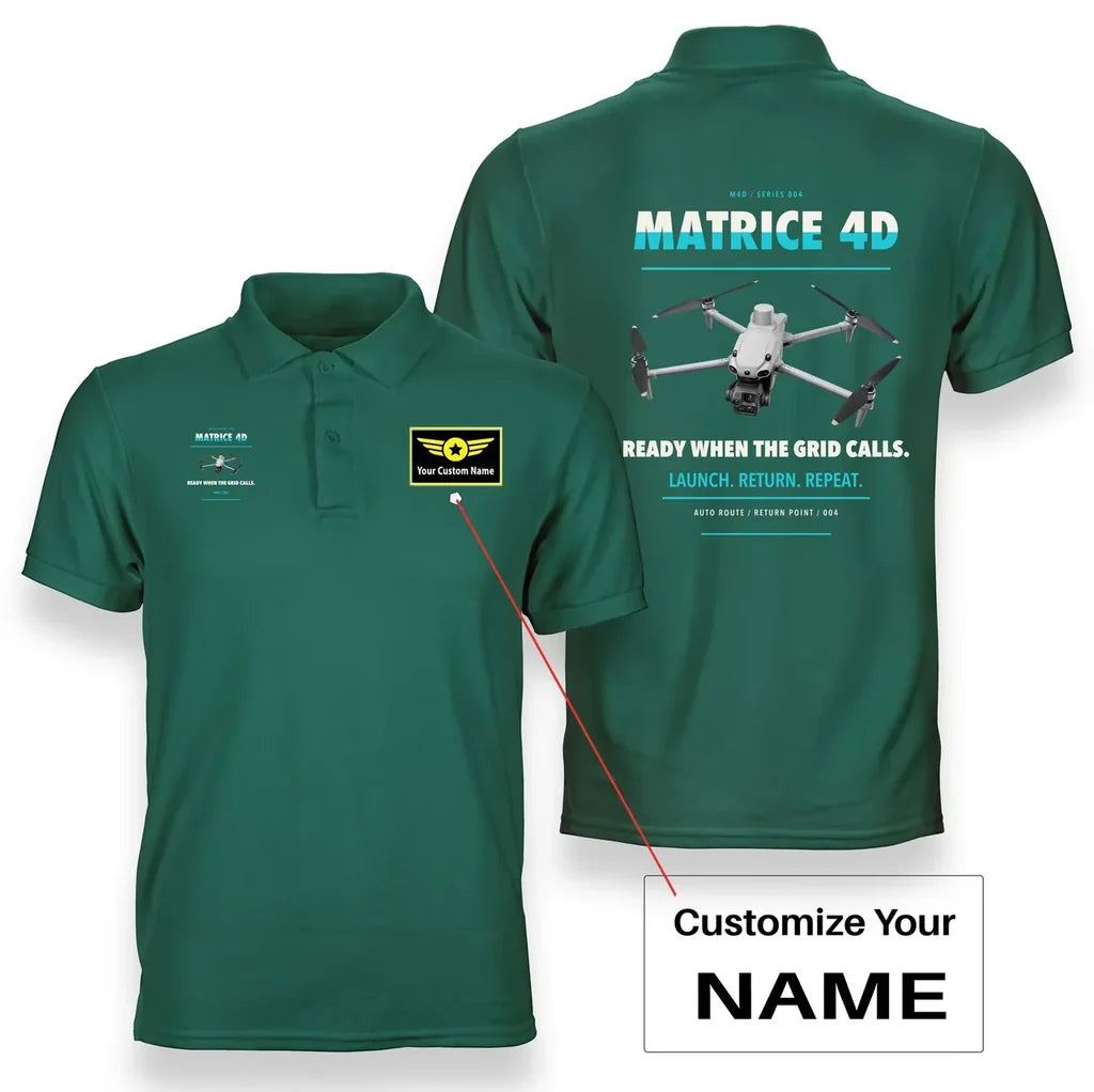 DJI Matrice 4D design on green polo with custom name badge