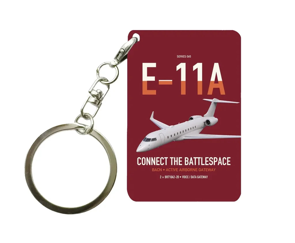 E-11A BACN design on dark red designed key chain, double-side print